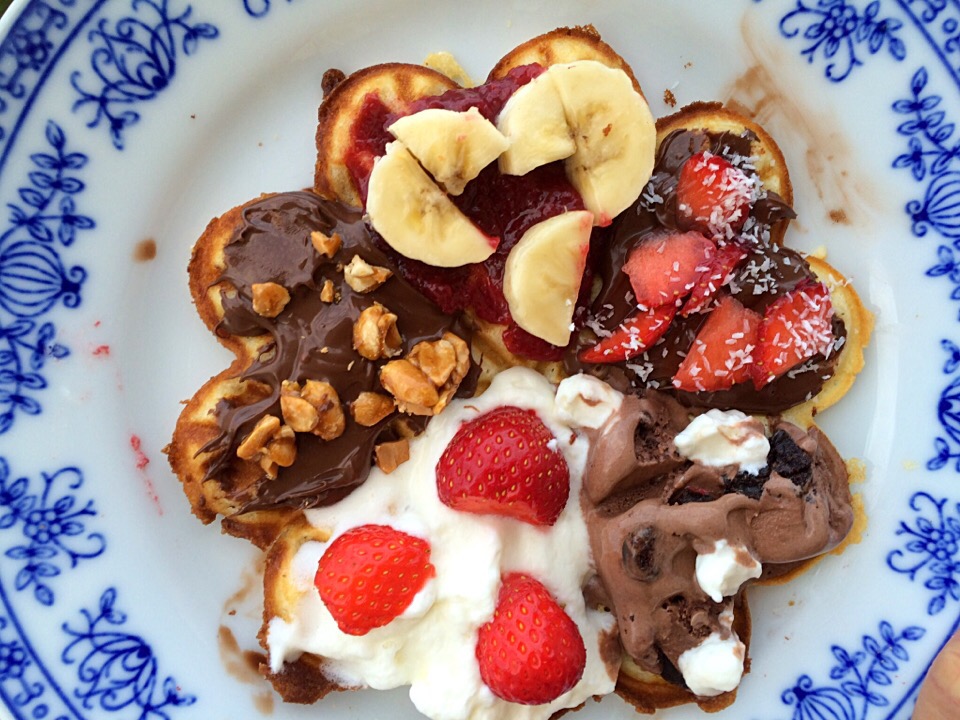 Homemade waffles with several toppings 🍓🍦🍫